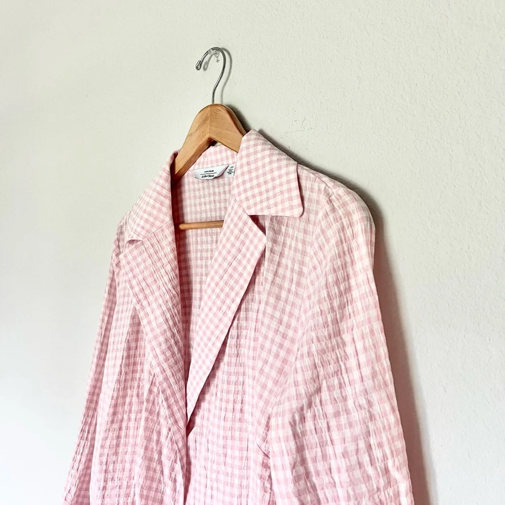 & Other Stories Seersucker Pink White Gingham Wrap Blouse - Picture 5 of 9